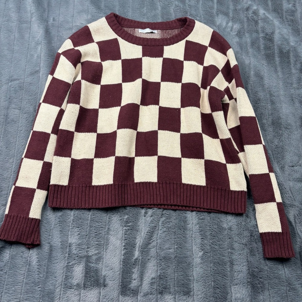 Baltic Born Checkered Knit Sweater Burgundy Cream Crew Neck Large